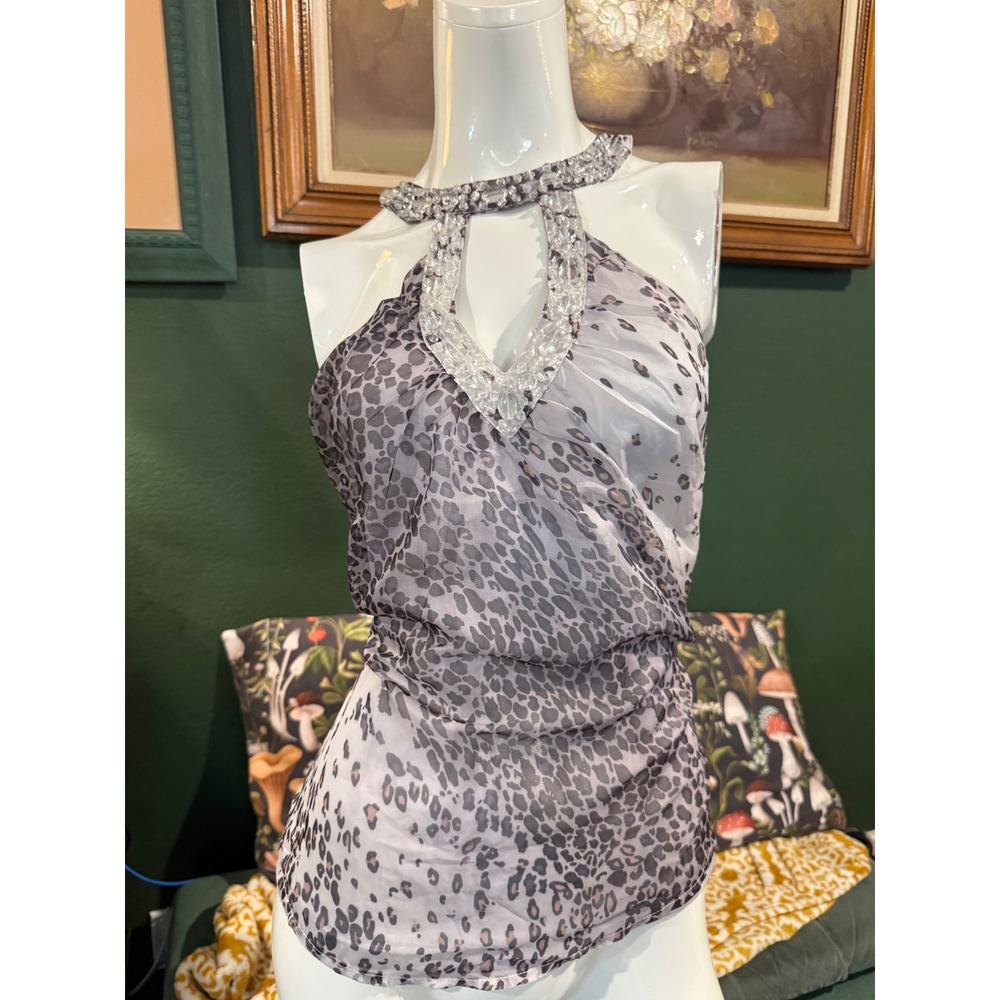 Lucy & Co Grey Leopard Print Halter Top Crystal Embellished Keyhole Neck Medium